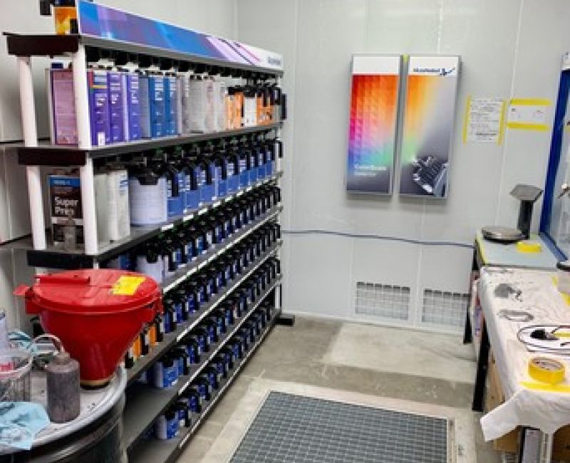 Inside an auto body painr booth at Desoto Collision repair.